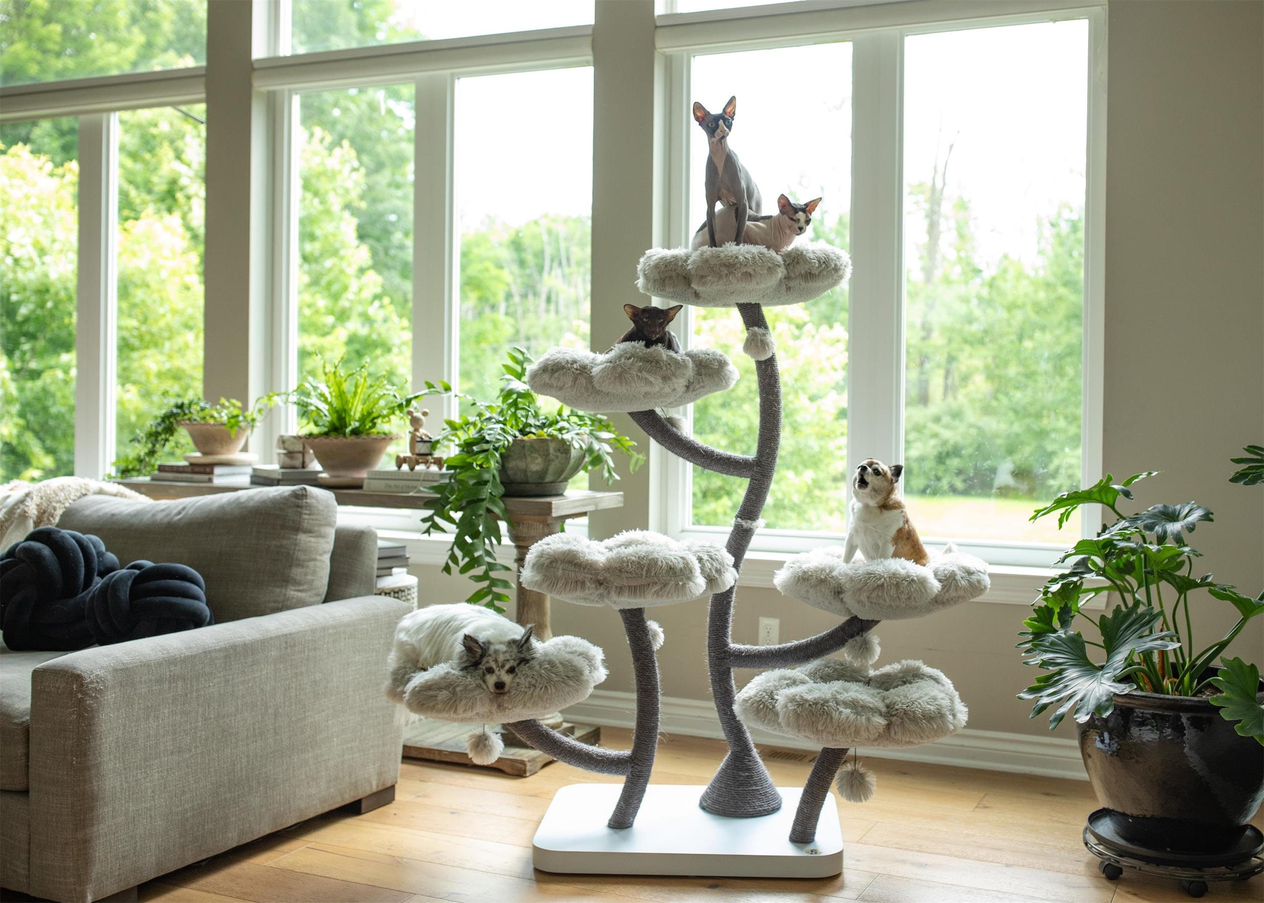HEXAFLORA Wood Cat Tree Tower, Wooden Cat Tower, Modern Cat Climbing Tree, Cat Furniture, Cat Gift, Luxury Cat Condo, Flower Cat Tree