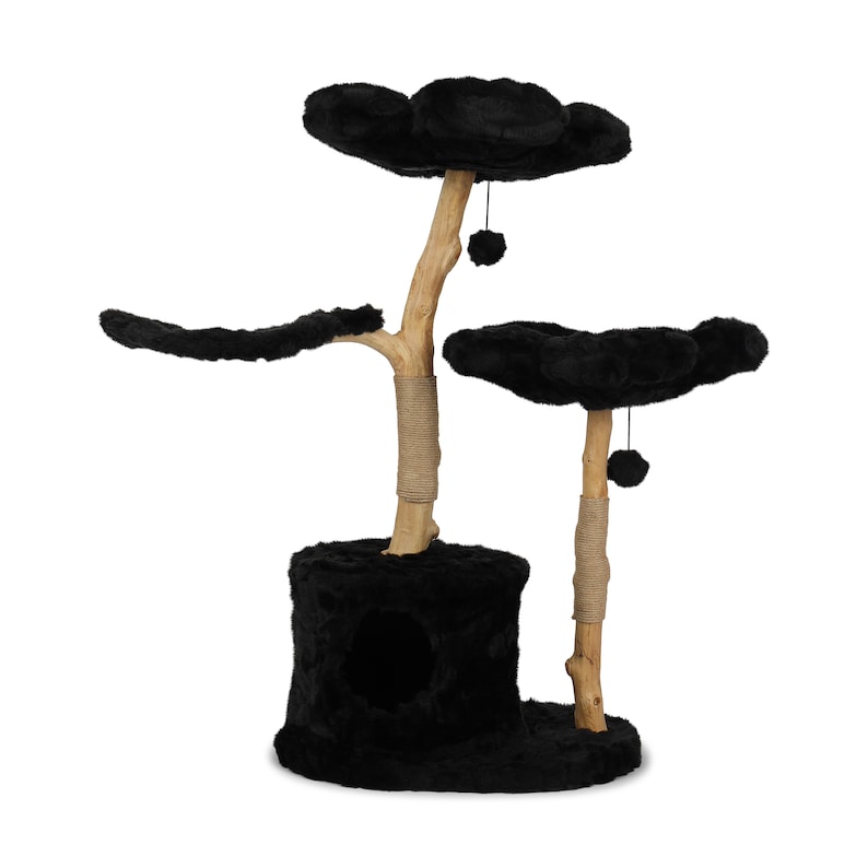 May include: A black cat tree with multiple platforms and a hideaway. The tree features a faux fur covering, natural wood posts wrapped in rope, and dangling pom-poms. The platforms are shaped like clouds.