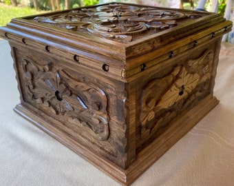 Secret lock wooden box with shelves, large jewelry box with key, carved keepsake box, wood memory box, walnut treasure chest