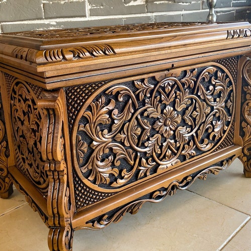 Ottoman Carved Trunk Coffee Table Large Hope Chest Blanket Etsy