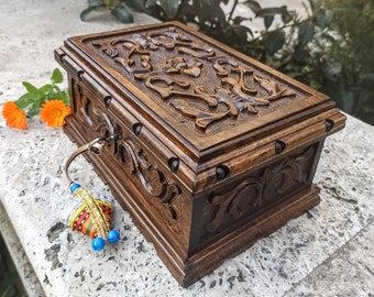 Personalized large secret lock jewelry box with key, vintage wood box, carved wooden stash box, walnut treasure chest