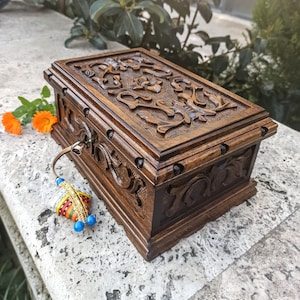 Personalized large secret lock jewelry box with key, vintage wood box, carved wooden stash box, walnut treasure chest
