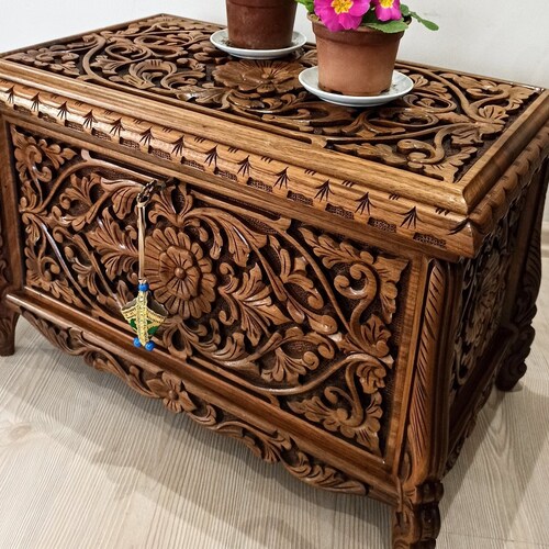 Ottoman Large Hope Chest Carved Wooden Trunk Large Storage Etsy