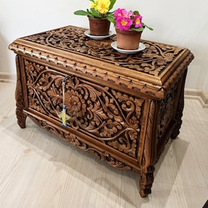 Ottoman carved trunk coffee table , large hope chest, blanket trunk, handmade vintage cedar chest, engraved storage chest image 1