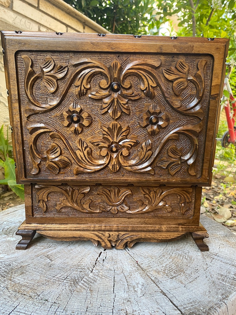 Large Secret Lock Box With Key Carved Wooden Chest Vintage Etsy