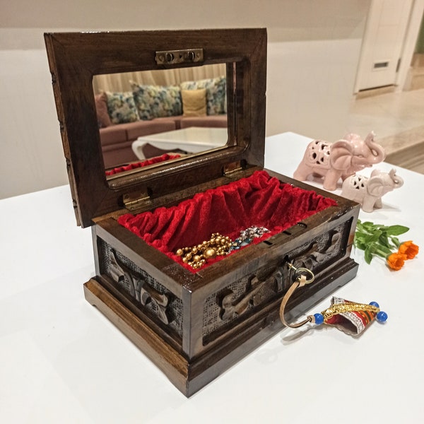 Große geschnitzte Schmuck-Box mit Spiegel und Schlüssel, Verriegeln Holz-Box, Vintage-Memory-Box, Stash-Box, geschnitzte Nussbaum Schmuck-Box