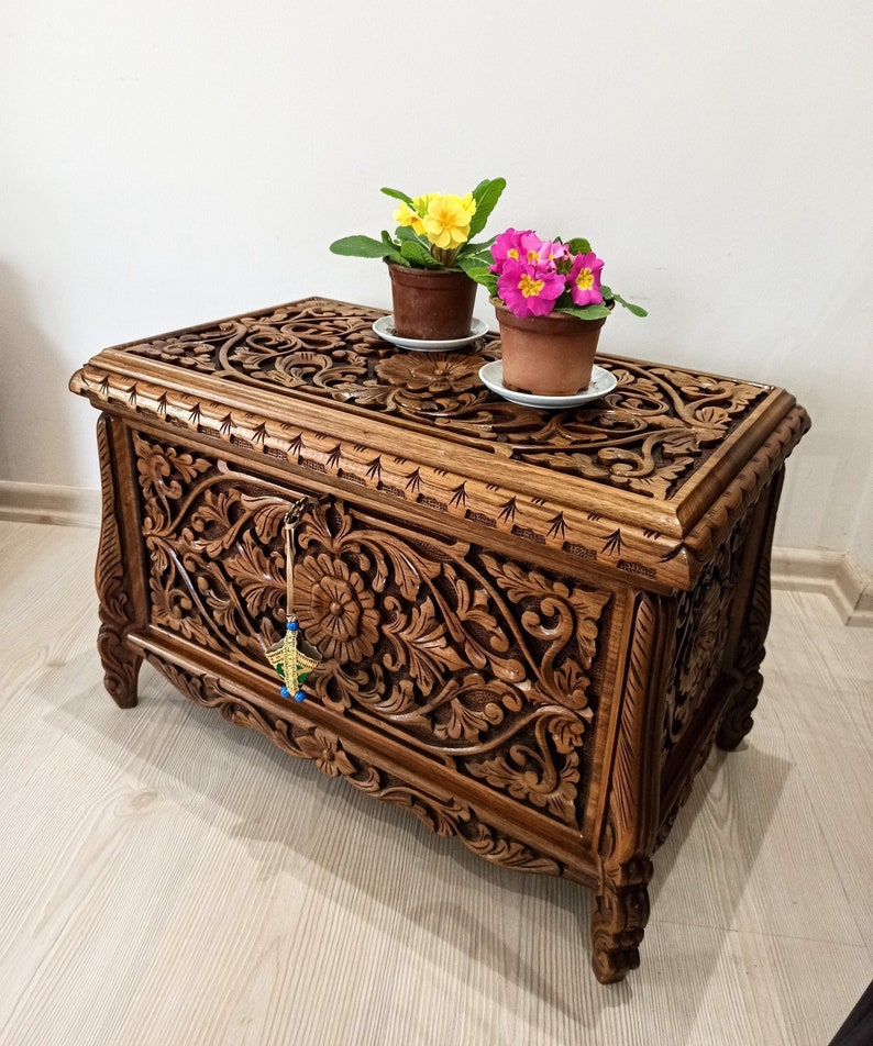 Ottoman carved trunk coffee table , large hope chest, blanket trunk, handmade vintage cedar chest, engraved storage chest image 1