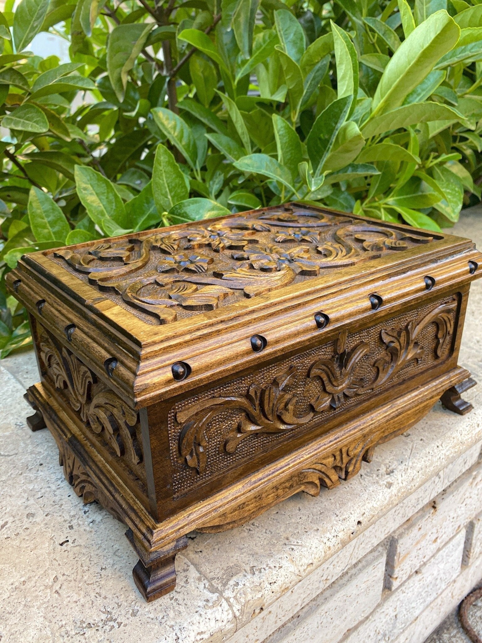 Large secret lock box with key, carved wooden chest, vintage treasure chest, large jewelry box, Walnut large locking jewlery box