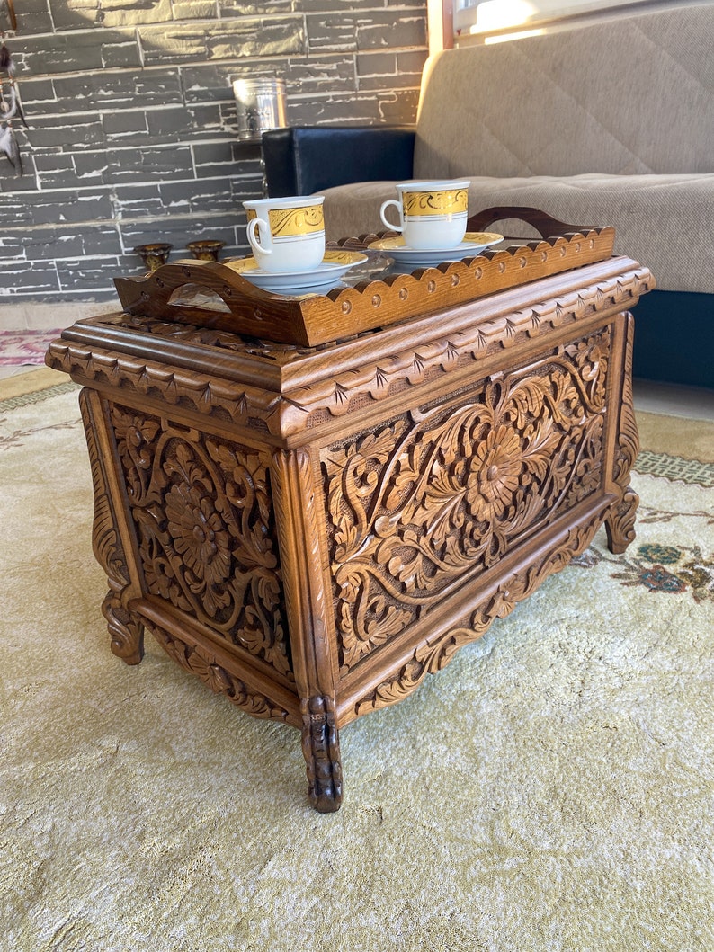 Ottoman carved trunk coffee table , large hope chest, blanket trunk, handmade vintage cedar chest, engraved storage chest image 5