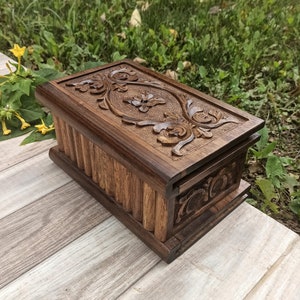 Large wooden puzzle box / vintage secret lock box, hand carved jewlery box, Walnut, Wooden carved chest