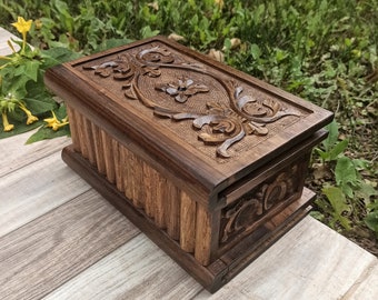 Large wooden puzzle box / vintage secret lock box, hand carved jewlery box, Walnut, Wooden carved chest