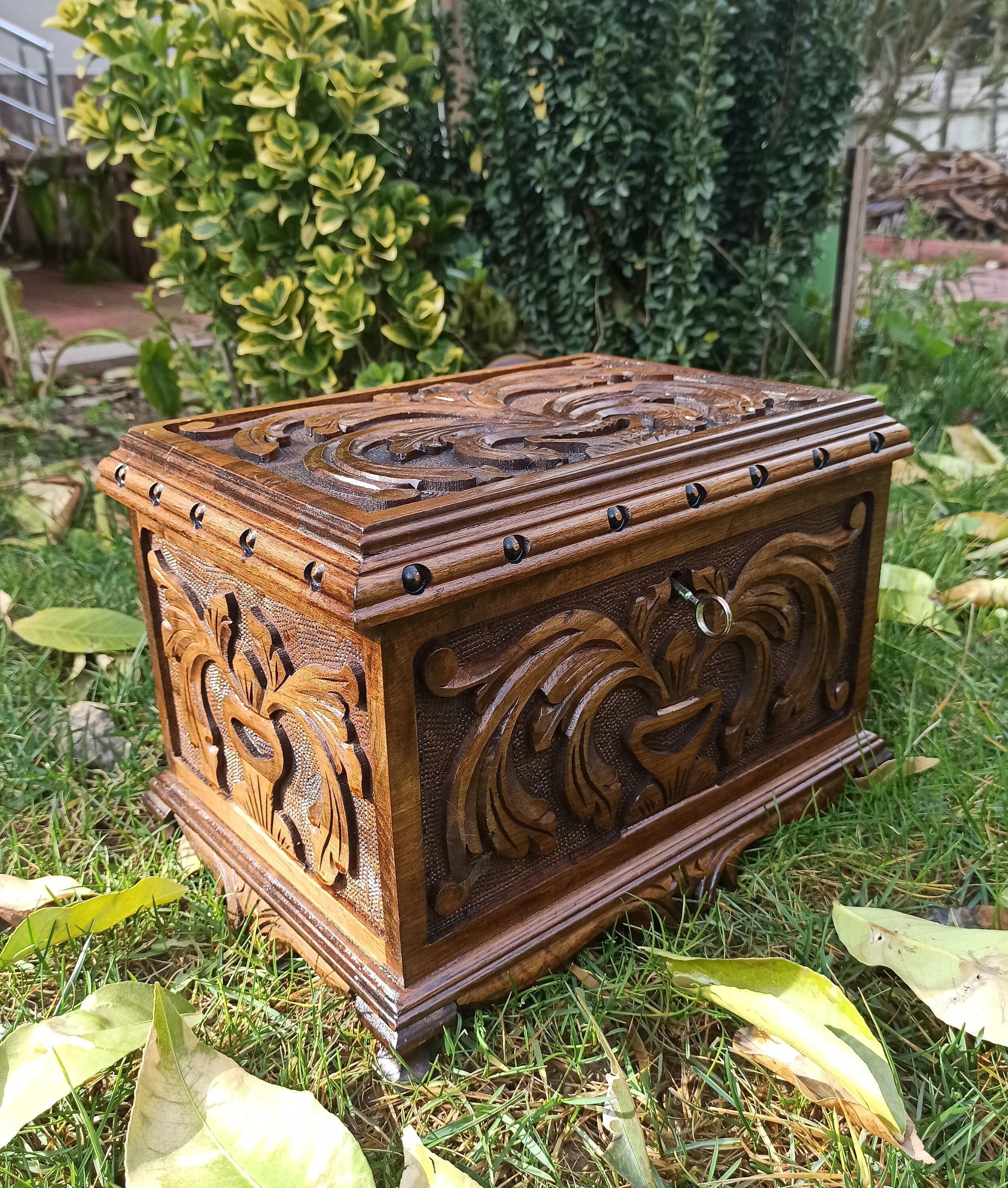 Personalized Large Wood Box, Locking Carved Box With Key, Wooden
