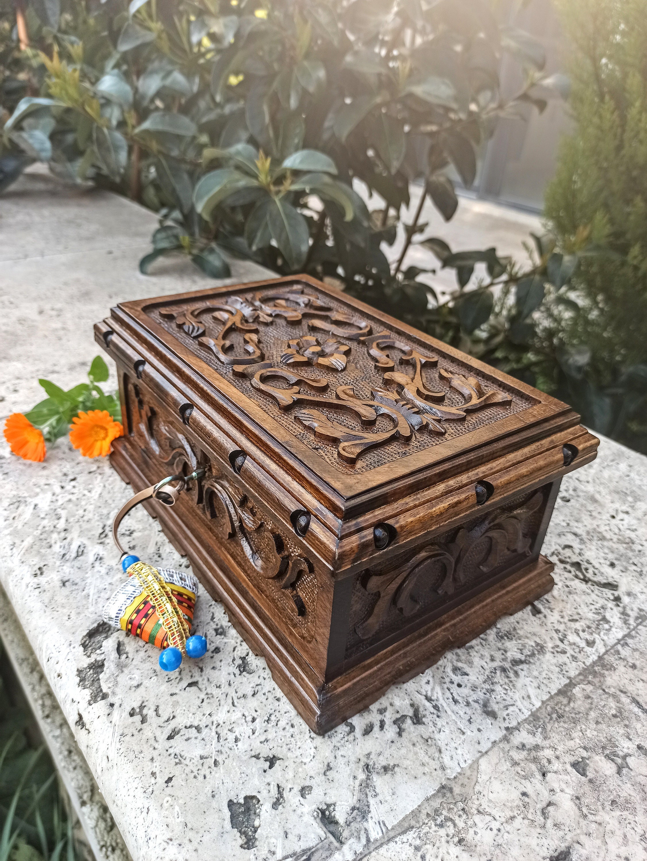 Personalized Large Secret Lock Jewelry Box With Key Vintage Wood Box Carved Wooden Stash Box Walnut Treasure Chest Etsy Ireland