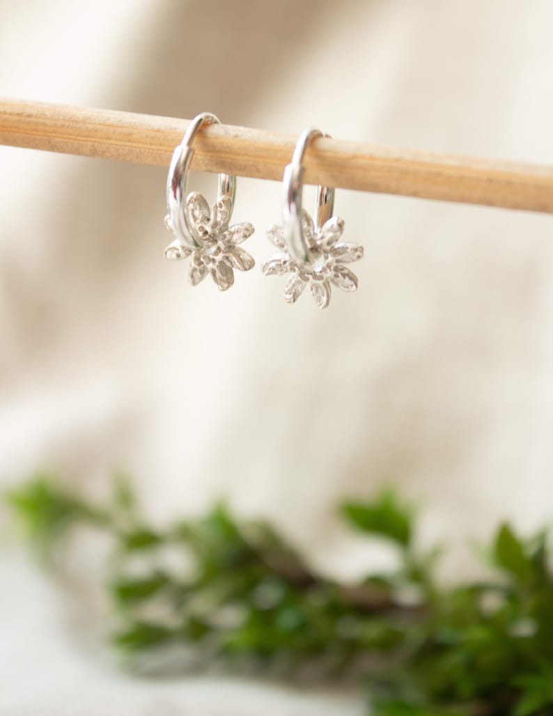 Daisy sterling silver chunky hoops, birthday gift for your bestie, handmade detailed jewellery, handmade bohemian hoops, charm earrings image 2