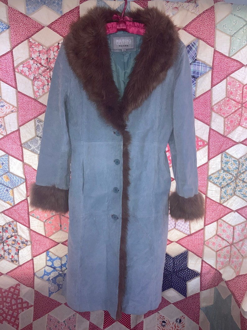 Vintage blue leather coat, Wilsons Leather, Faux fur image 1