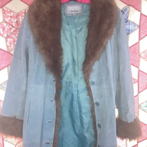 Vintage blue leather coat, Wilsons Leather, Faux fur image 3