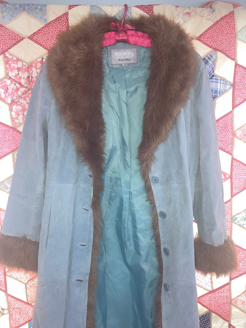 Vintage blue leather coat, Wilsons Leather, Faux fur image 3