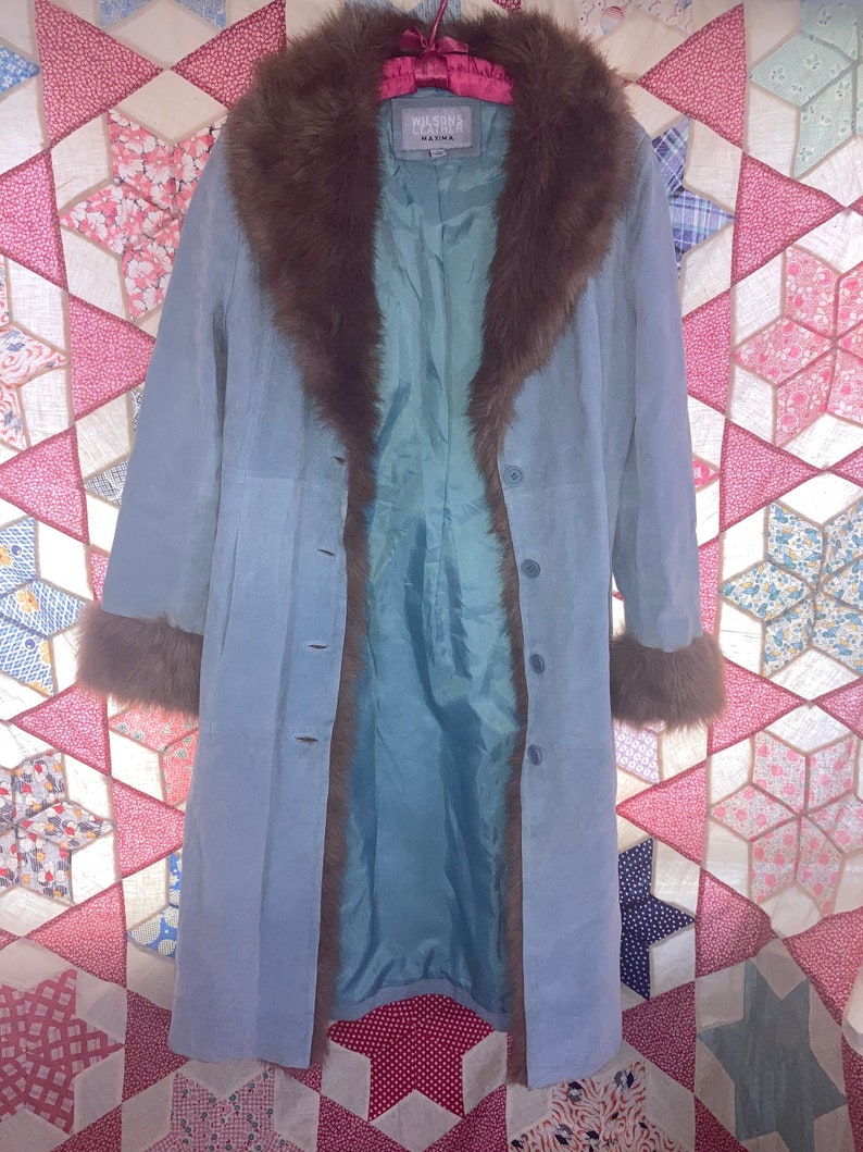 Vintage blue leather coat, Wilsons Leather, Faux fur image 4