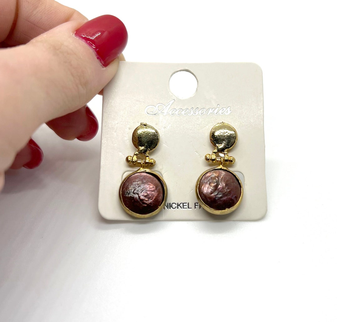 Brown Gemstone Earrings , Gold Plated Brown Stone Earrings, Circle