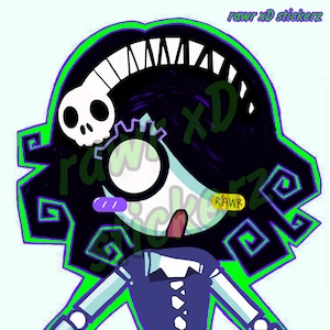 May include: A cartoon illustration of a character with a skull, gear, and open mouth design. The character has black hair with a green outline, a blue outfit, and the text "rawr xD stickerz".