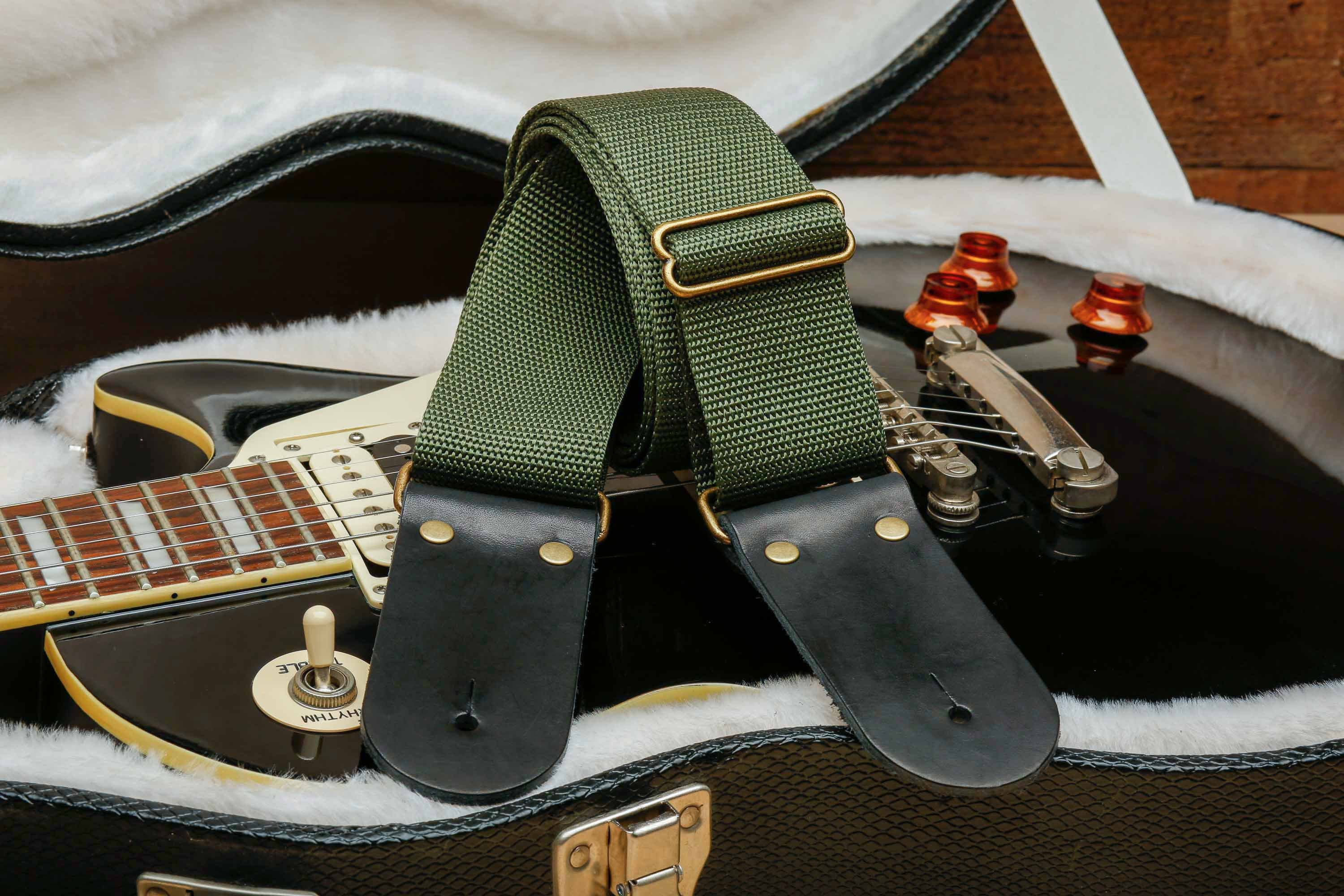 Green Guitar Strap With Leather Acoustic Guitar Strap Etsy UK