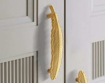 Gold Feather Knobs,Brass Feather Pulls Handle,Solid Feather Cabinet Handles,Plume Pull,Door Handle,Cupboard Hardware,Feather Knobs