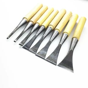 Può includere: Un set di otto scalpelli per legno con manici in legno chiaro e lame in metallo. Le lame hanno forme diverse, tra cui bordi piatti, angolati e curvi. Gli strumenti sono disposti in fila.