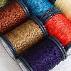 Può includere: Una collezione di rocchetti di filo colorati. I rocchetti sono disposti in file, mostrando una varietà di colori, tra cui marrone, blu, rosso e viola. Ogni rocchetto è pieno di filo ben avvolto, perfetto per progetti di cucito e artigianato.