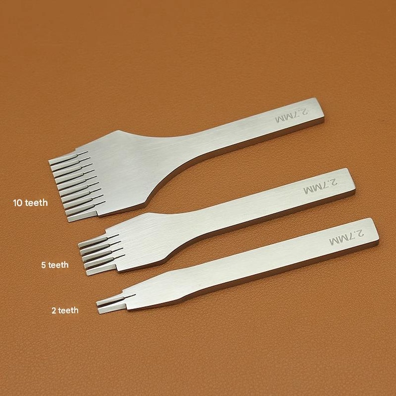 May include: Three stainless steel leathercraft tools with varying tooth counts: 10, 5, and 2. Each tool has a handle and a row of teeth for stitching. The tools are labeled with "2.7MM" and the number of teeth.