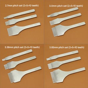 May include: Four sets of leathercraft tools with varying pitch sizes: 2.7mm, 3.0mm, 3.38mm, and 3.85mm. Each set includes three tools: a straight punch, a fork punch, and a wide punch. The text "2+5+10 teeth" is visible on each set.