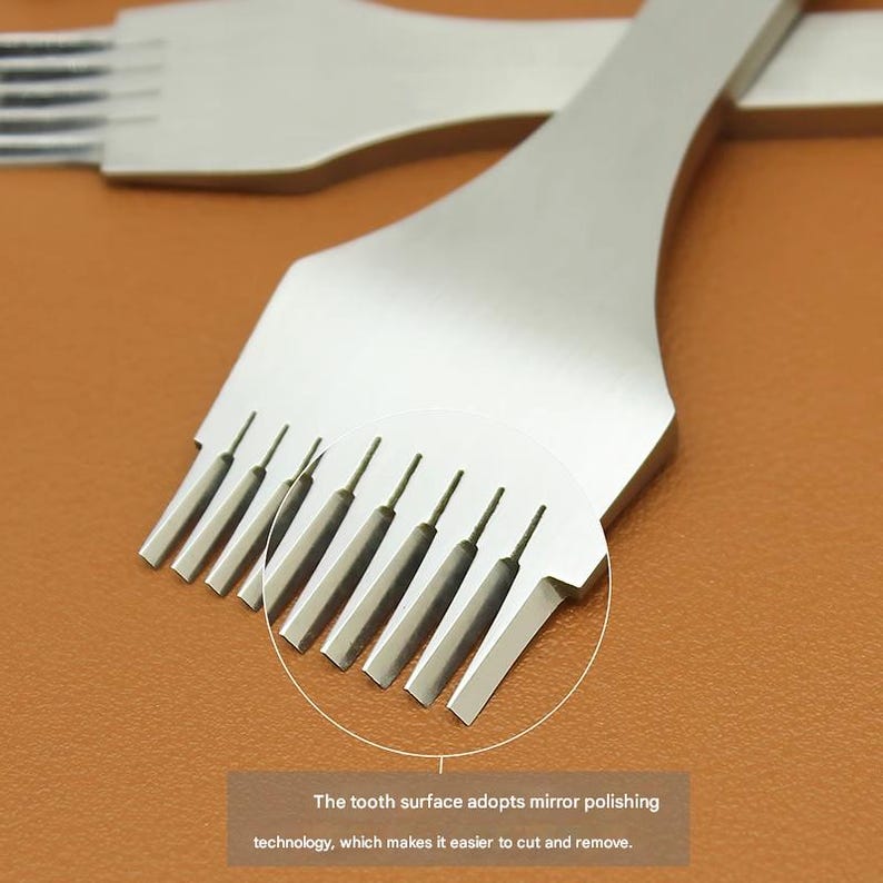 May include: Close-up of several silver leathercraft tools. The tools have a flat, wide handle and a row of teeth at the end. The text in the image says, "The tooth surface adopts mirror polishing technology, which makes it easier to cut and remove."
