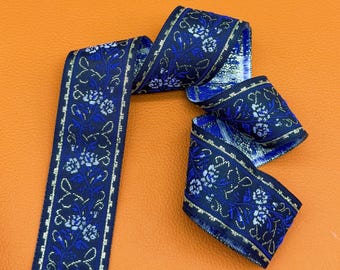 Blue Floral Jacquard Ribbon | Gold Edge Embroidered Lace Trim | Asian Oriental Craft Supplies