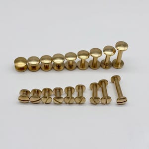 Puede incluir: Una colección de remaches y tornillos de latón sobre una superficie blanca. Los remaches tienen cabeza redonda, mientras que los tornillos tienen cabeza ranurada. La tornillería es para marroquinería o proyectos similares.