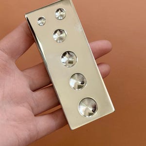 May include: A rectangular, polished silver metal plate with five circular, textured embellishments. The plate is held in a hand against a solid brown background. The embellishments vary in size.