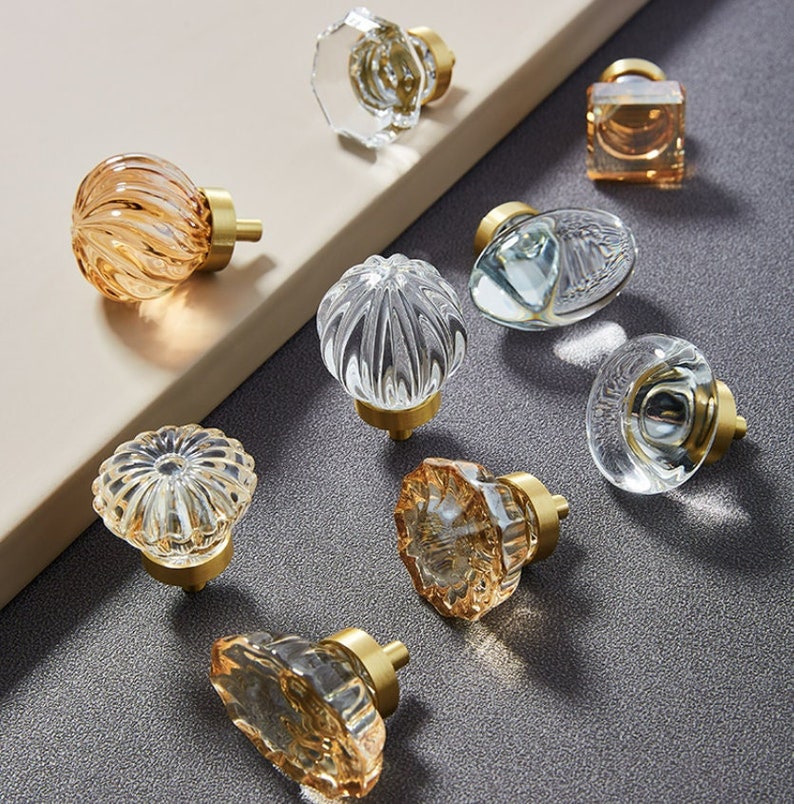 Crystal Handles,Crystal Glass Knobs Pulls,European Style Brass Knob,Clear Drawer Knobs Pulls,Champagne Cabinet Handle,Pumpkin Wardrobe Pull image 1