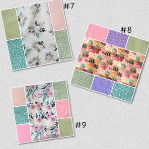 May include: Three fabric swatches with floral and cactus patterns. One features pink and white flowers on a white wood-grain background. Another has a cactus print. The third has pink flowers and green leaves. Each swatch is labelled with a number.
