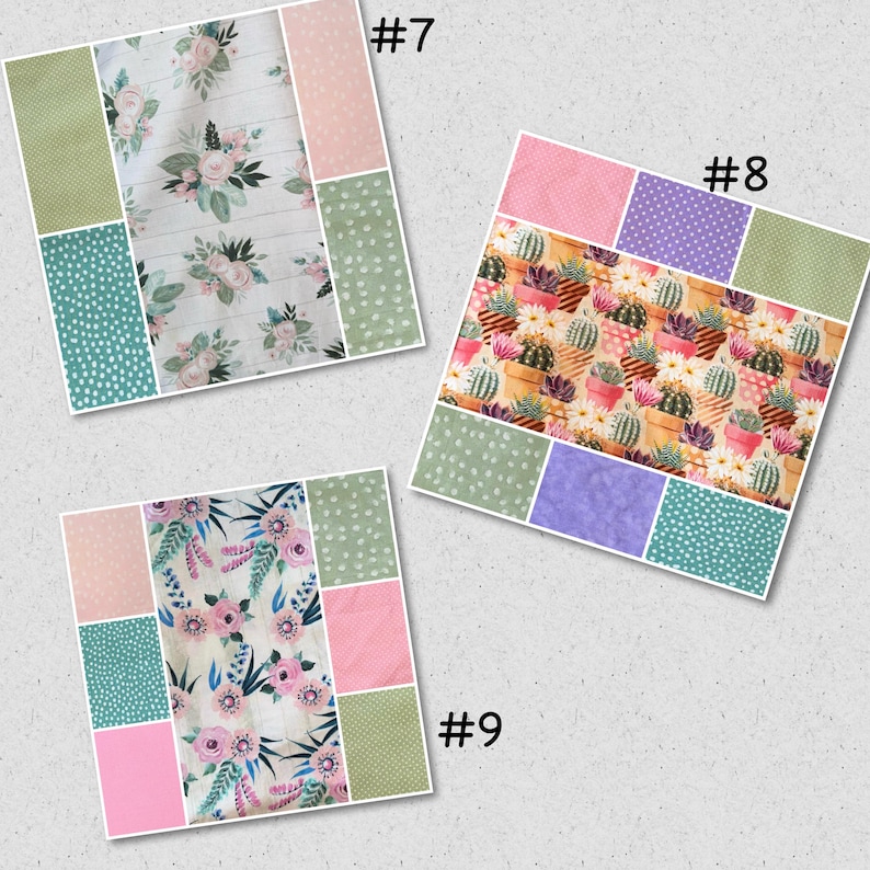 May include: Three fabric swatches with floral and cactus patterns. One features pink and white flowers on a white wood-grain background. Another has a cactus print. The third has pink flowers and green leaves. Each swatch is labelled with a number.