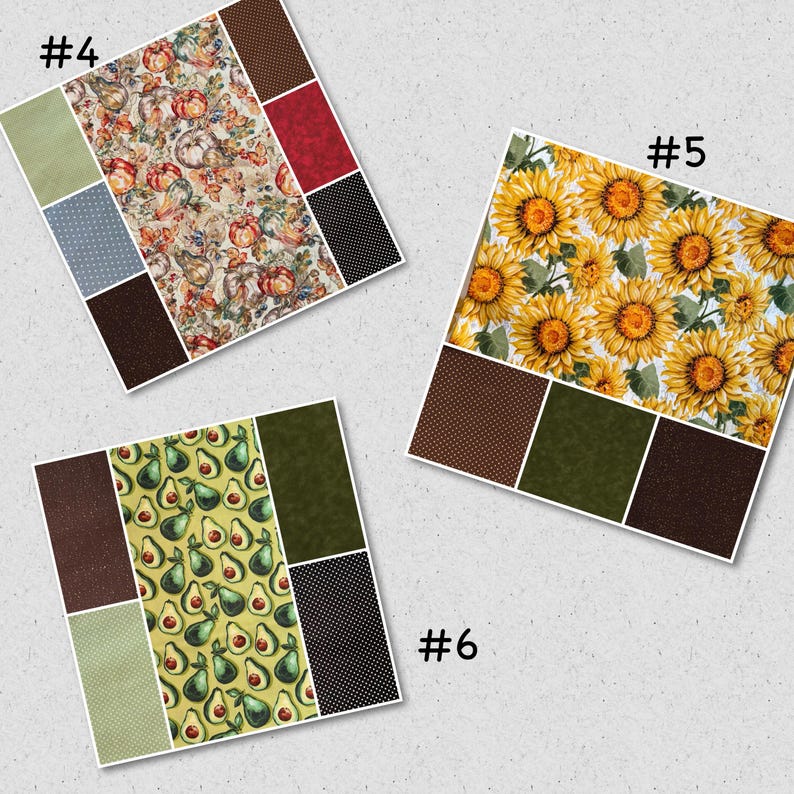 May include: Fabric swatch selection with diverse patterns. One features sunflowers, another pumpkins, and a third avocados. Additional swatches include polka dots and solid colours. The swatches are labelled with numbers.