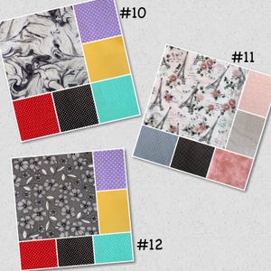 May include: Three fabric swatch sets, each with a unique pattern and colour scheme. Set #10 features a marble pattern, polka dots, and solid colours. Set #11 showcases Eiffel Towers and floral designs. Set #12 includes floral and polka dot patterns.
