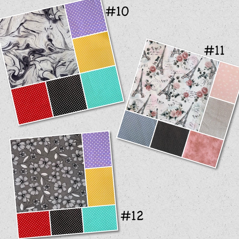May include: Three fabric swatch sets, each with a unique pattern and colour scheme. Set #10 features a marble pattern, polka dots, and solid colours. Set #11 showcases Eiffel Towers and floral designs. Set #12 includes floral and polka dot patterns.