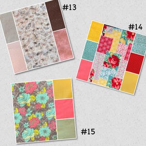 May include: Fabric swatches with diverse patterns and colours. One displays butterflies, another a patchwork design with floral elements, and a third with large floral patterns. The swatches are labelled with numbers.