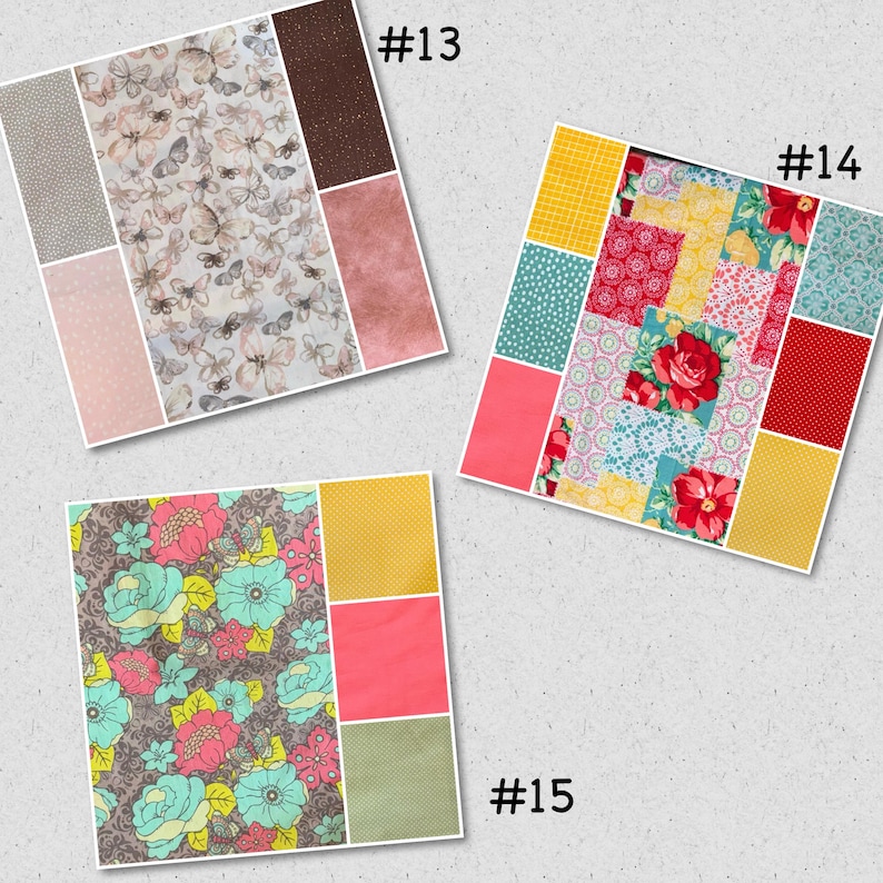 May include: Fabric swatches with diverse patterns and colours. One displays butterflies, another a patchwork design with floral elements, and a third with large floral patterns. The swatches are labelled with numbers.