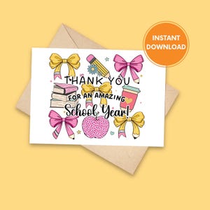Carte de remerciement imprimable pour professeur, Remerciement de fin d'année, téléchargement numérique, jolie carte de correspondance pour professeur, carte de remerciement, TÉLÉCHARGEMENT IMMÉDIAT