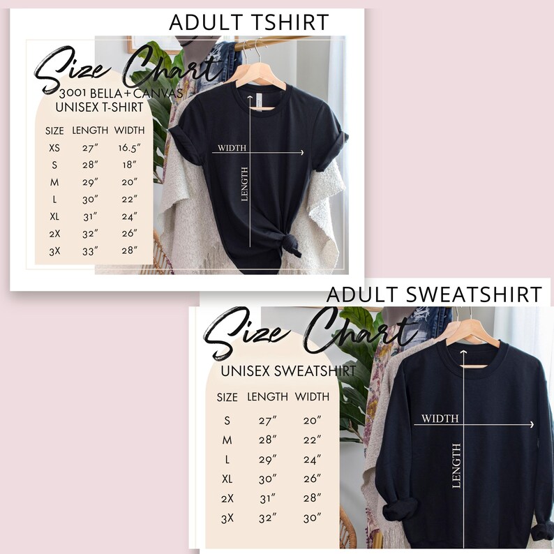 Size chart showing width and length measurements for adult unisex t-shirts and sweatshirts — helps ensure accurate fit.