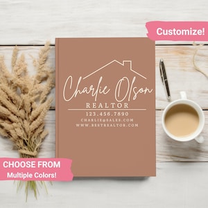 May include: A brown business card mockup with a white house icon and the text "Charlie Olson REALTOR 123.456.7890 CHARLIE@SALES.COM WWW.BESTREALTOR.COM". The text "Customize!" is in a pink box in the upper right corner. The text "CHOOSE FROM Multiple Colors!" is in a pink box in the lower left corner.