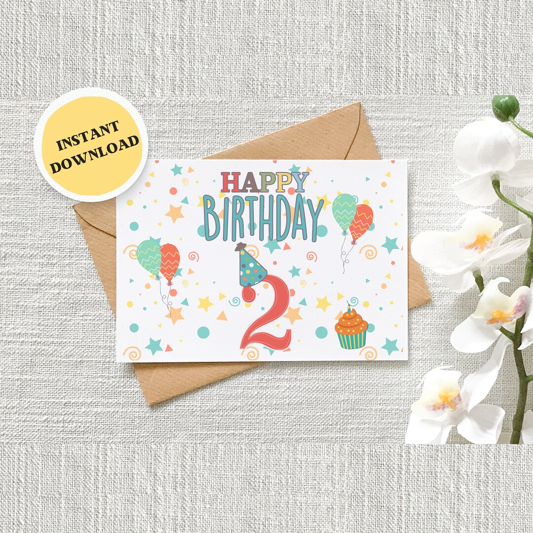2nd Birthday, Happy Birthday Card, 2 Year Old Birthday, Printable Card