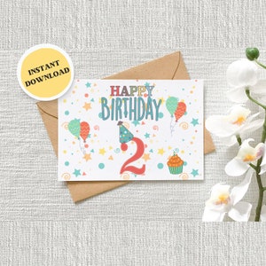 2e anniversaire, carte de joyeux anniversaire, anniversaire de 2 ans, carte imprimable, téléchargement numérique, cartes d'anniversaire 5 x 7, carte de voeux, prête à imprimer