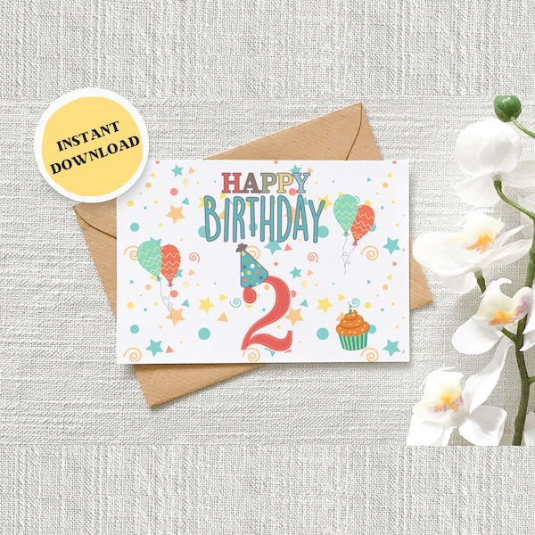 2nd Birthday, Happy Birthday Card, 2 Year Old Birthday, Printable Card, Digital Download, 5x7 Bday Cards, Greeting Card, Ready to Print