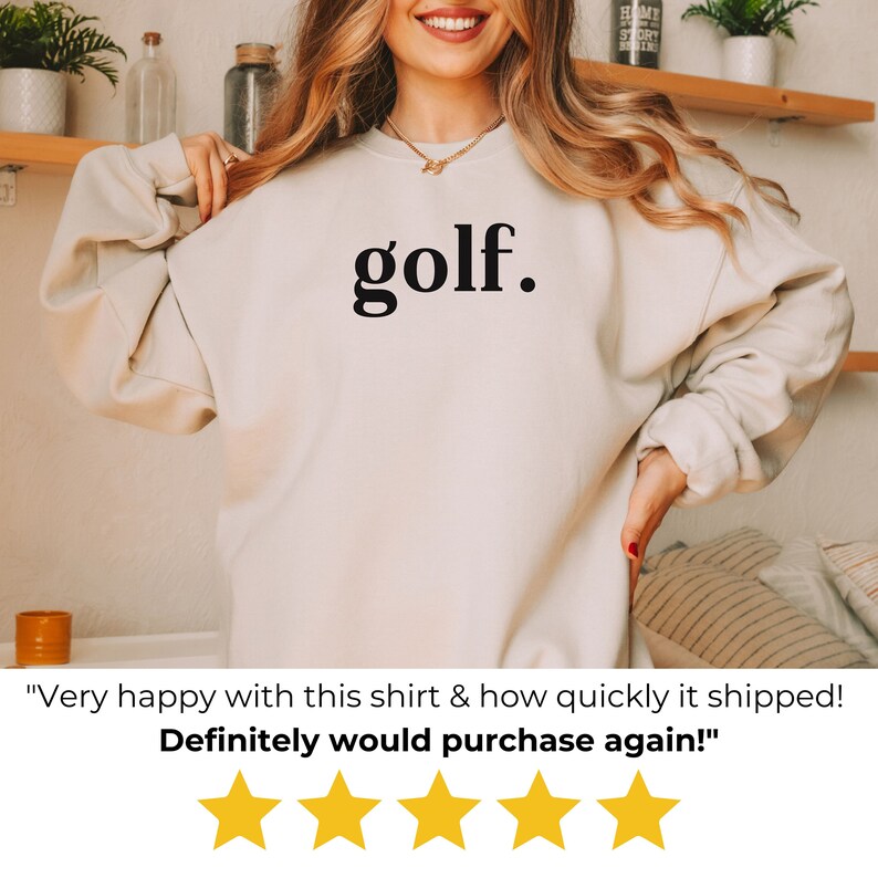 Customer wearing beige “golf.” sweatshirt with five-star review overlay — shows fit, comfort, and customer satisfaction.