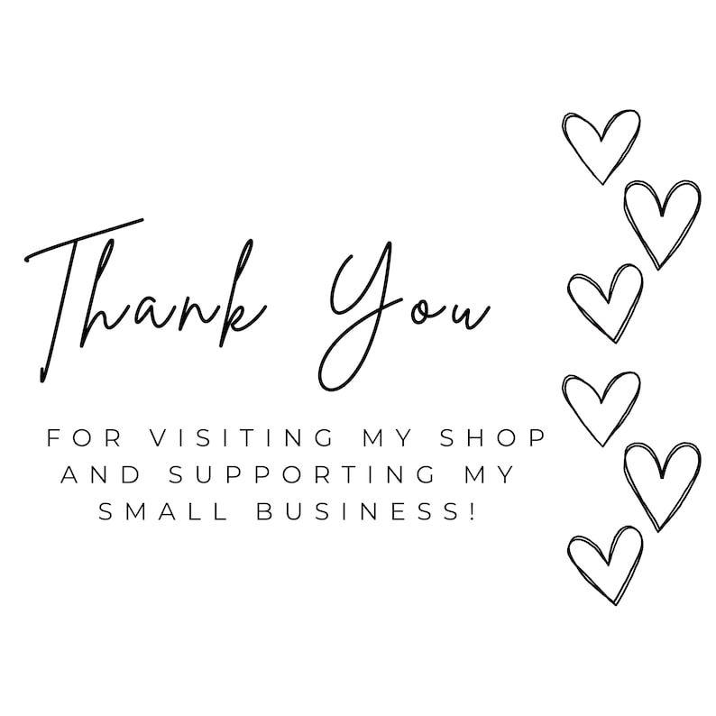 Thank-you card image with hearts and text reading “Thank you for visiting my shop and supporting my small business.” DoodlePopp packaging insert design.